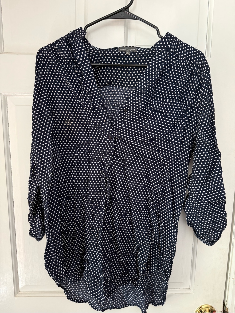 Market & Spruce Navy and White Polka Dot Blouse
